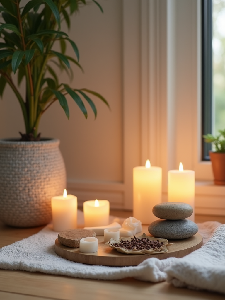 Lit candles and stones on a wooden surface near plants, creating a tranquil ambiance.