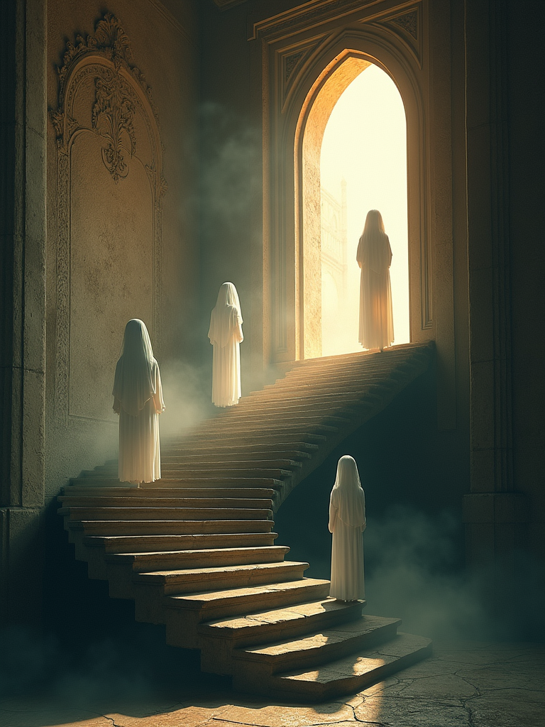 Ghostly figures ascend a grand staircase leading toward a glowing archway, surrounded by an atmosphere of mystery and divine light.