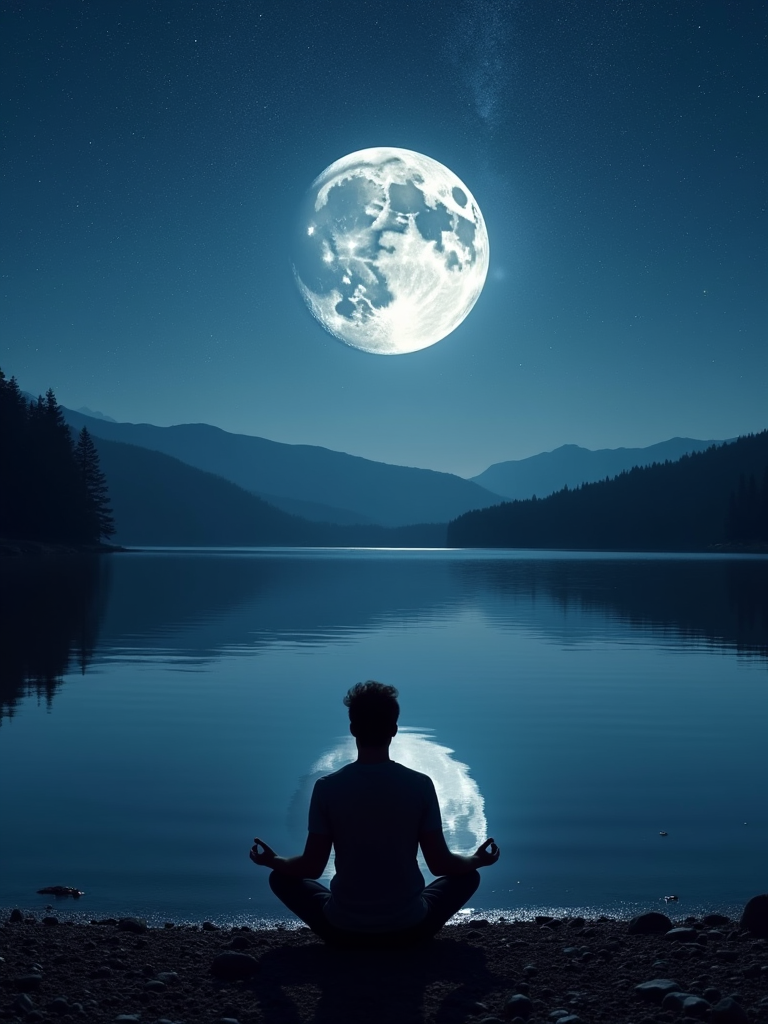 A silhouette of a person meditating by a calm lake under a bright full moon, surrounded by mountains and a starry night sky.