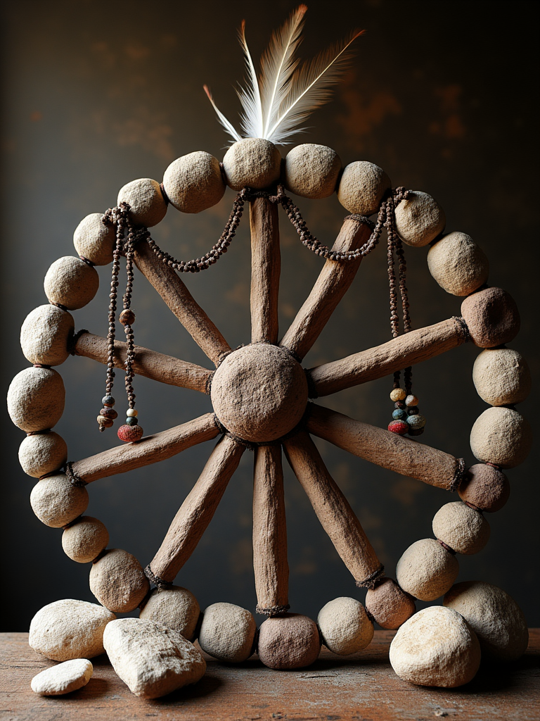 A rustic wheel crafted from stones and wooden beams, adorned with feathers and beads, against a warm, earthy background.