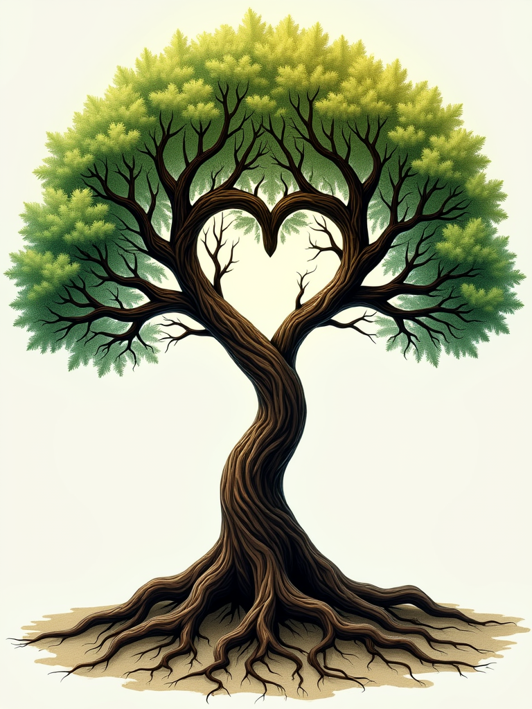 A stylized tree with intertwined branches forming a heart shape, symbolizing love and connection with nature.