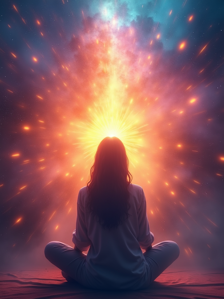 Person meditating, surrounded by a vibrant explosion of light and energy.