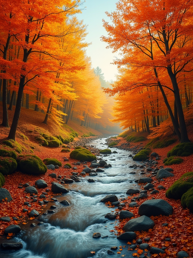 A picturesque woodland scene with a bubbling stream surrounded by vibrant autumn foliage in shades of red, orange, and yellow.