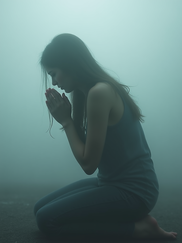 A woman kneeling on the ground in a misty environment with hands pressed together in prayer, her silhouette softly illuminated by diffused light.