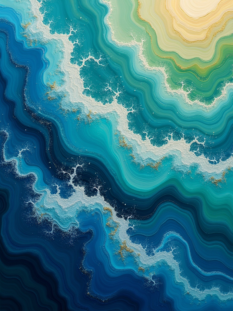 A vivid abstract painting in shades of blue, turquoise, and gold, resembling ocean waves and currents from above.