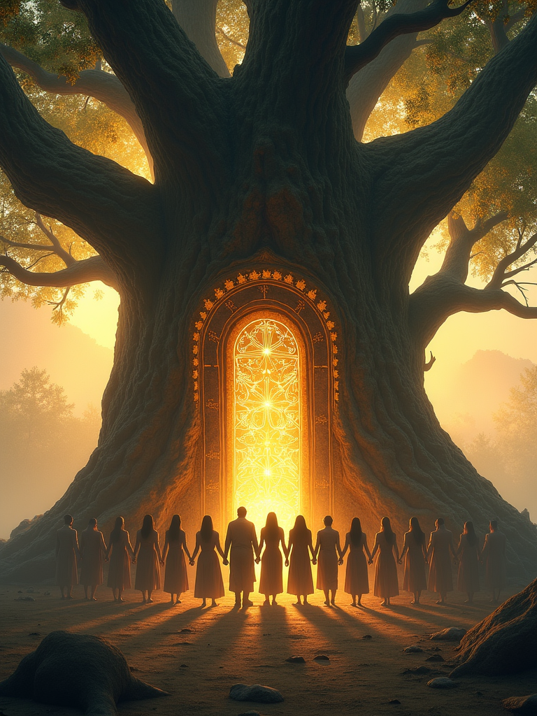 A group of people hold hands in a circle around a massive tree with an illuminated, ornate doorway glowing golden in the trunk.