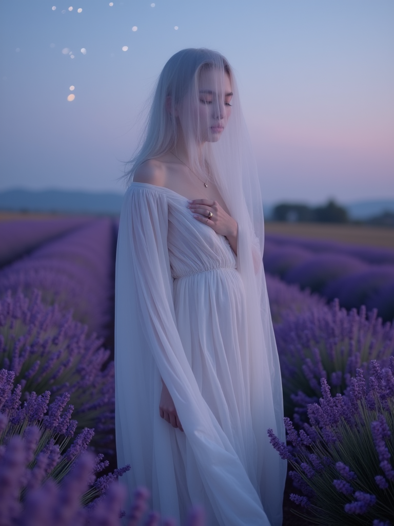 A serene woman in a flowing white dress standing amid a lavender field at dusk, with glowing orbs in the background.