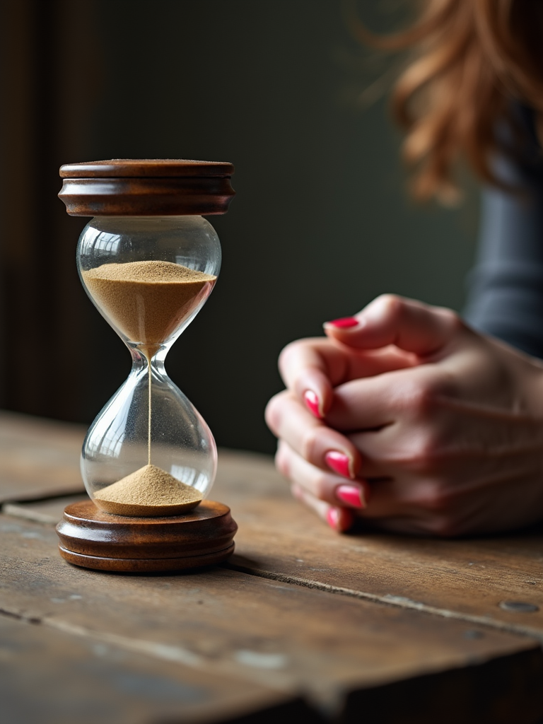 A close-up of an hourglass on a wooden table with sand flowing downward, hands resting beside it, symbolizing the passage of time.