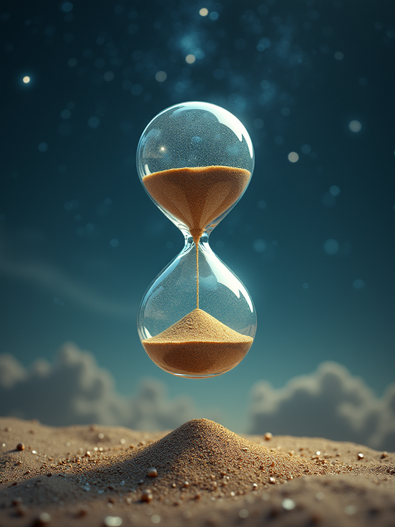 A floating hourglass hovers above a sand heap, glowing faintly under a star-filled sky, symbolizing the passage of time.