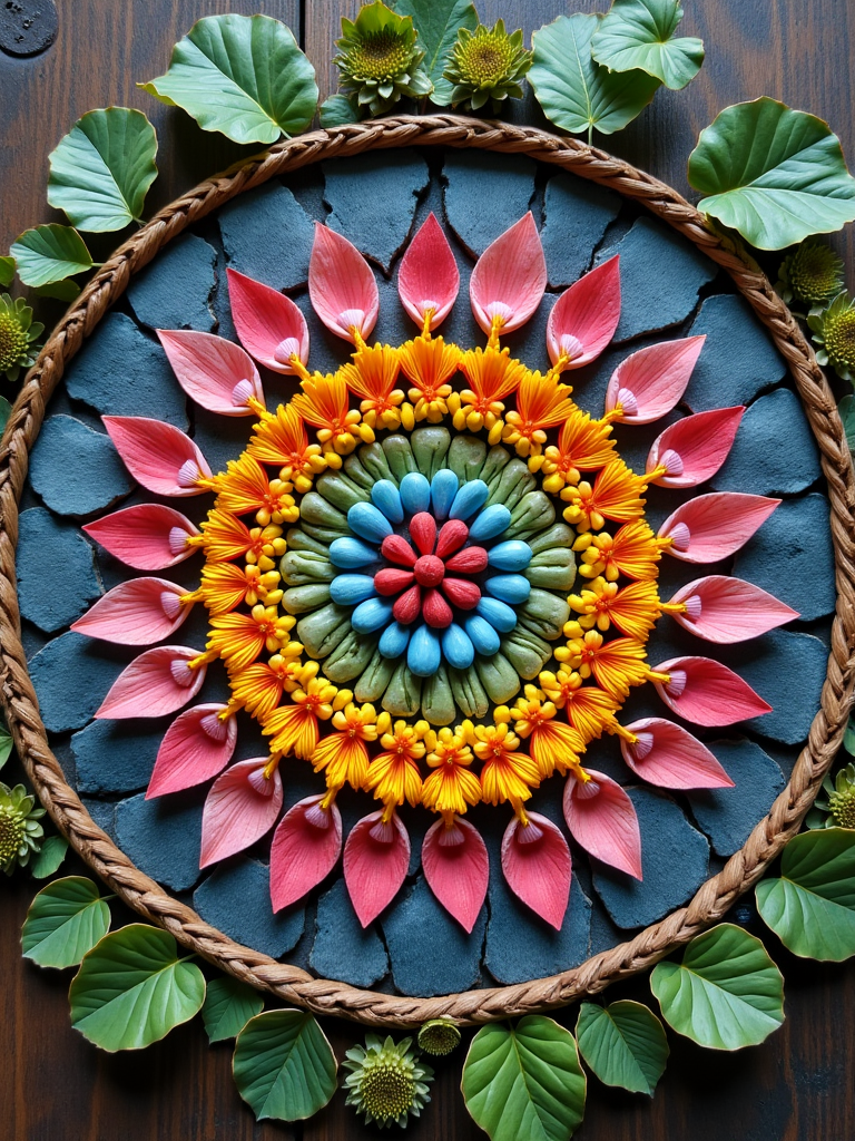 A vibrant, symmetrical mandala made of flower petals, leaves, and natural elements arranged in colorful patterns on a rustic wooden background.