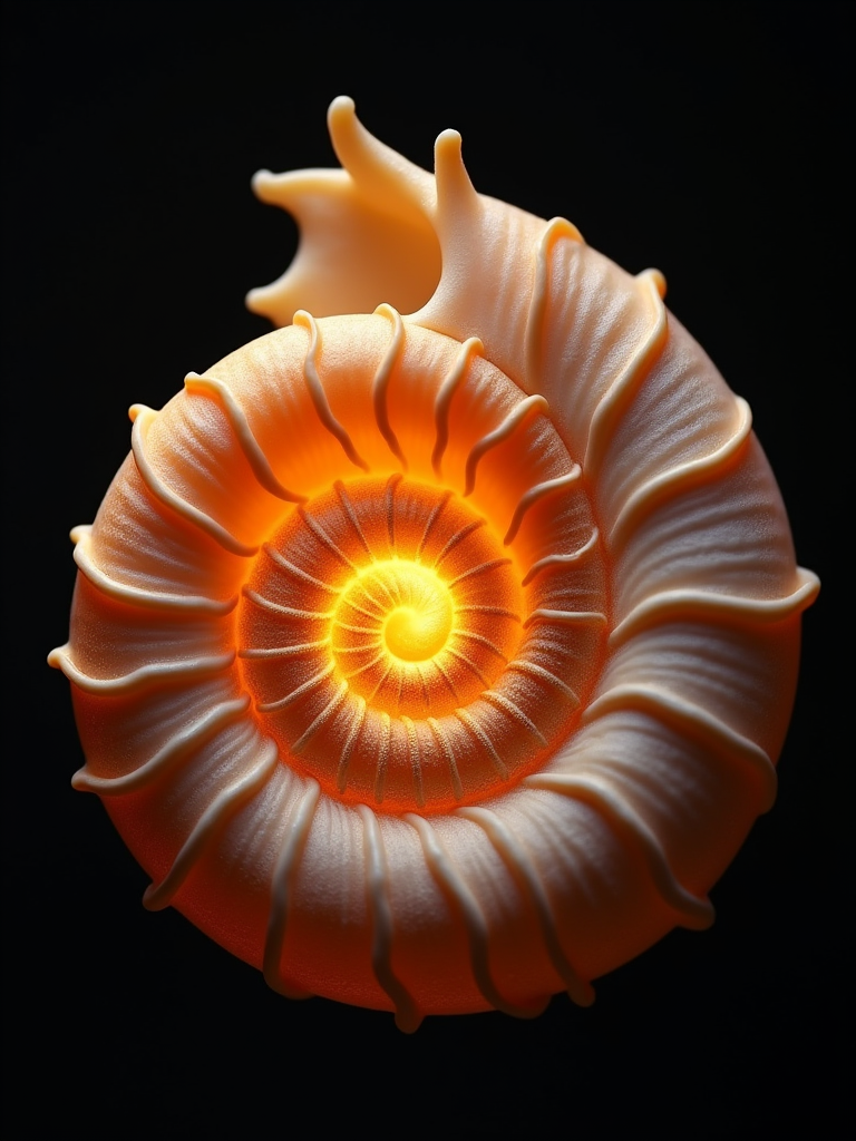 A glowing spiral shell with intricate patterns and soft golden illumination, set against a dark background.