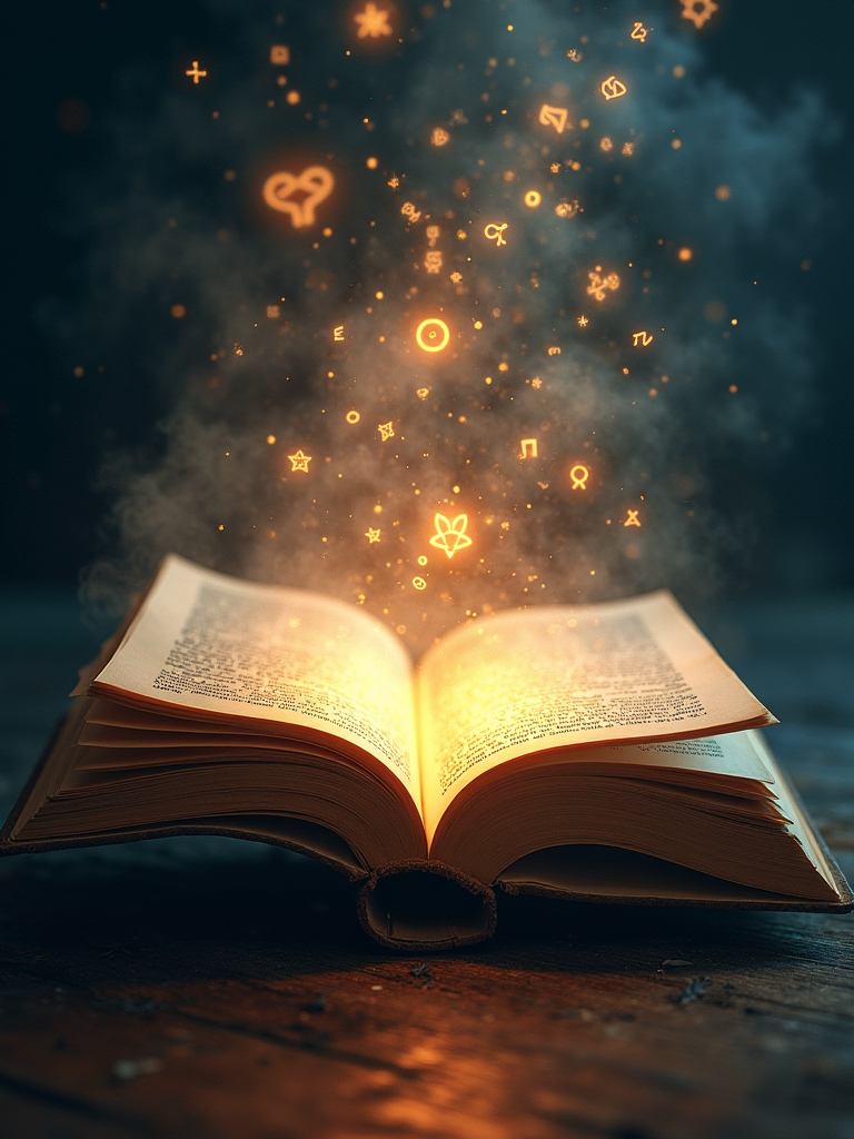 A magical open book emits glowing symbols and particles into the dark, creating an enchanting and mystical effect.