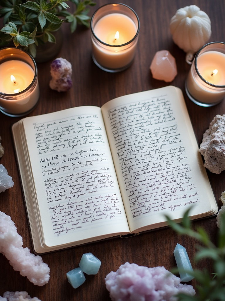 An open journal with handwritten notes, surrounded by candles, crystals, and plants, creating a cozy and spiritual ambiance.