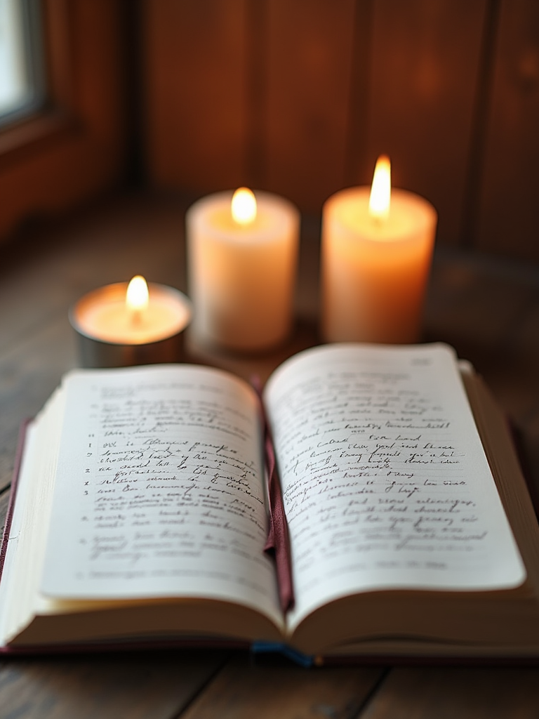 Open book with handwritten text, accompanied by lit candles on a wooden table.