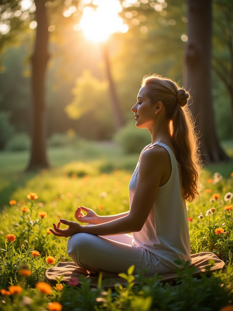 A woman meditating outdoors in a peaceful field of flowers at sunrise, sitting cross-legged with her hands in a mudra position.