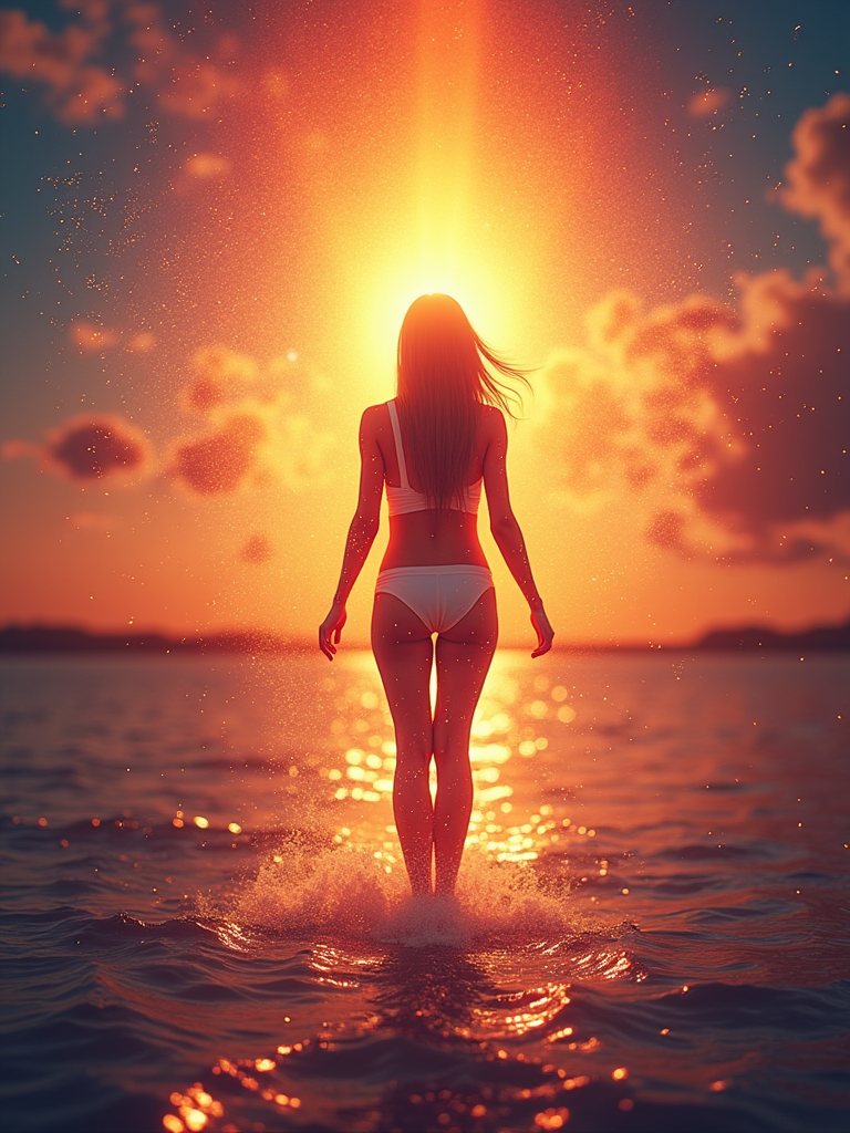 Silhouette of a person in white swimwear standing on water at sunrise, with golden light reflecting off gentle waves.