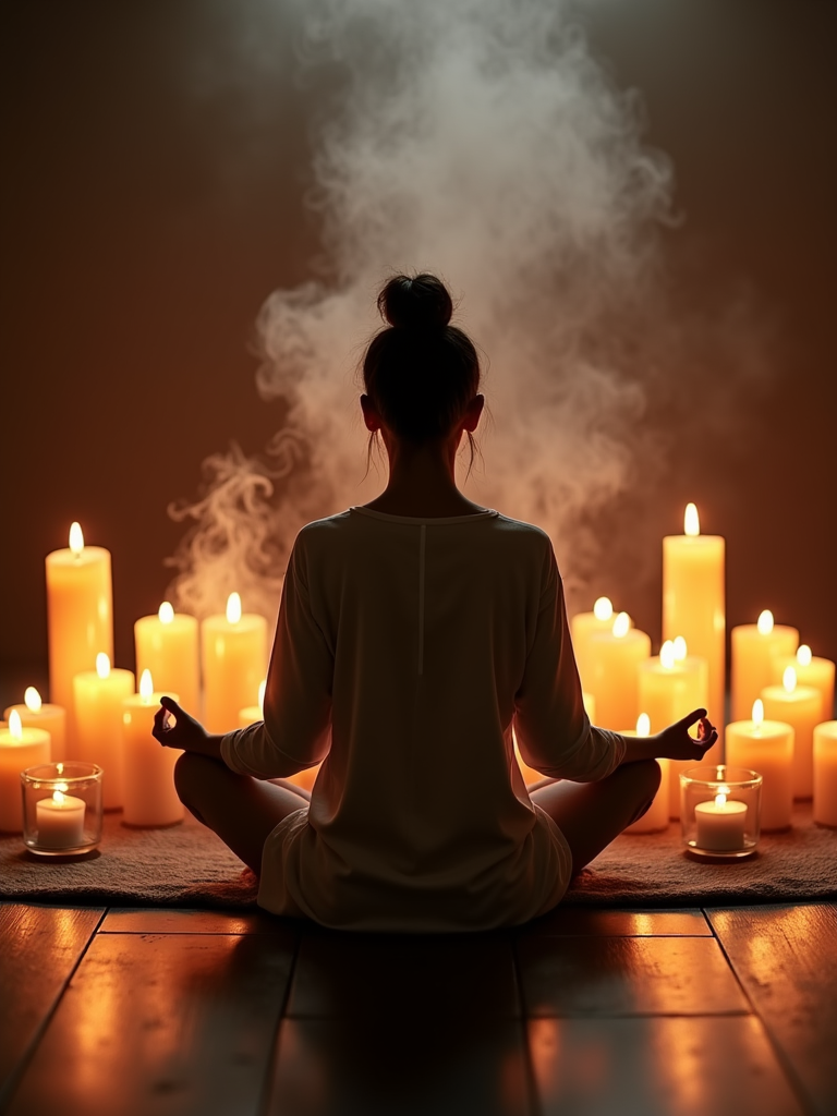 Back view of a person in meditation pose surrounded by glowing candles on a wooden floor, with incense smoke rising.