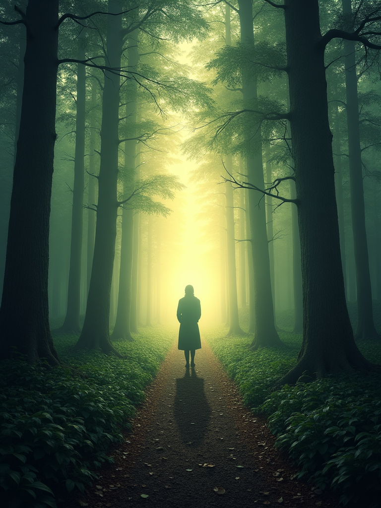 Silhouette of a solitary figure on a misty forest path with golden light filtering through tall trees.