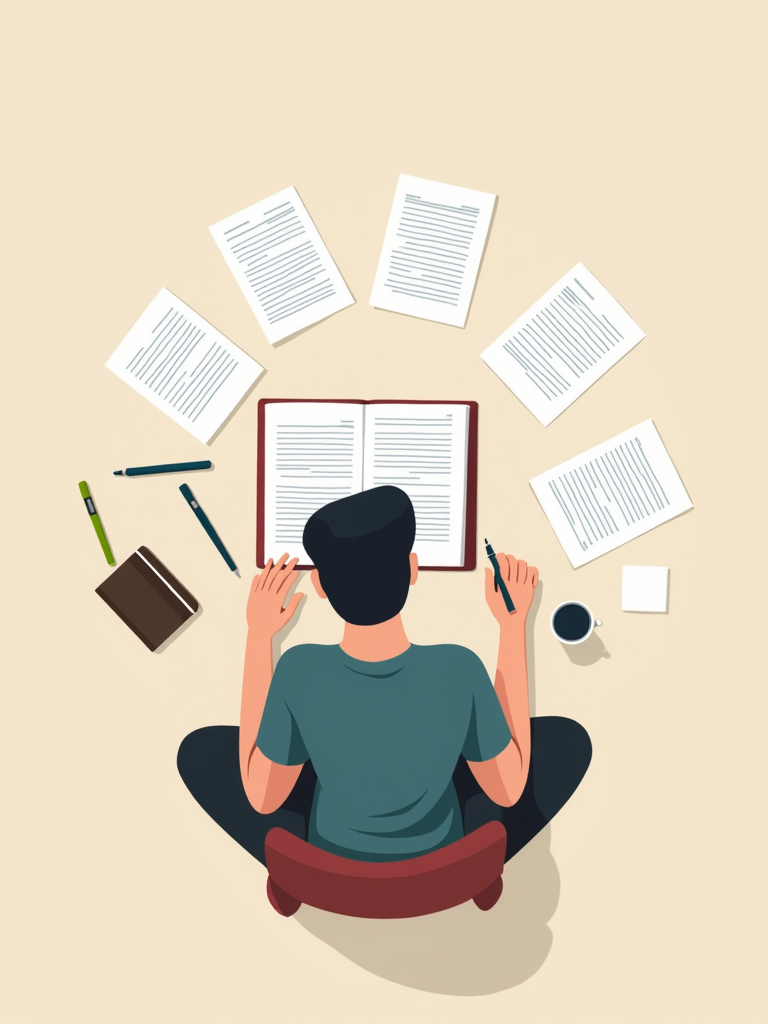 Illustration from above showing a person surrounded by papers and notebooks, studying at a desk with coffee nearby.