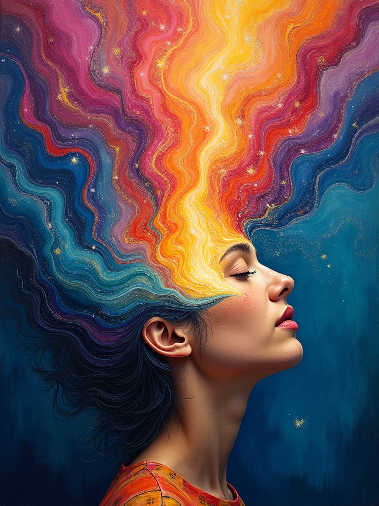 Artistic portrait showing thoughts emerging as colorful waves of energy and stars against a deep blue background.