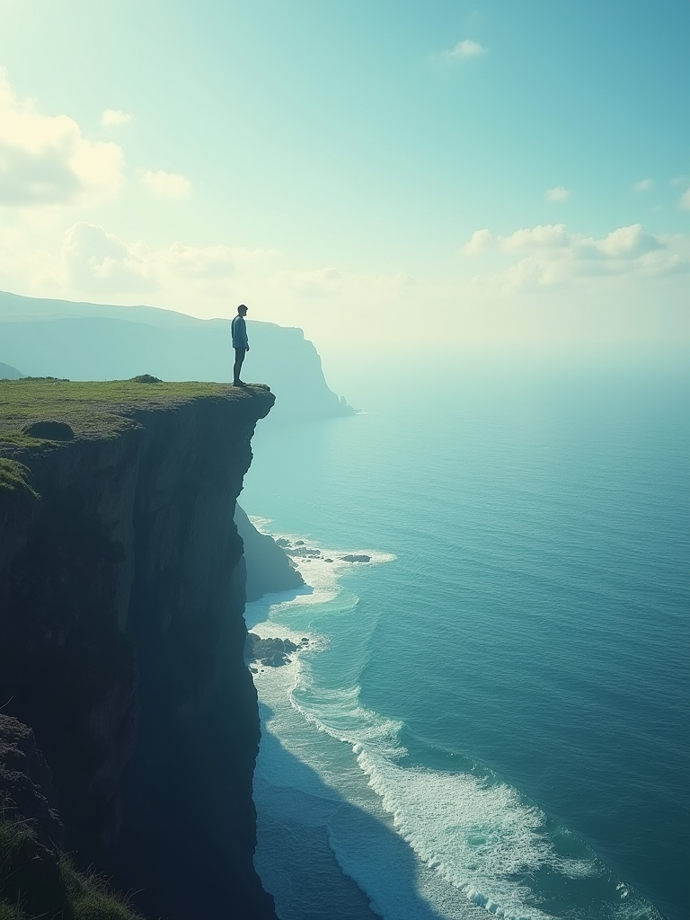 A silhouetted figure stands at the edge of a dramatic coastal cliff overlooking turquoise waters and misty coastline.