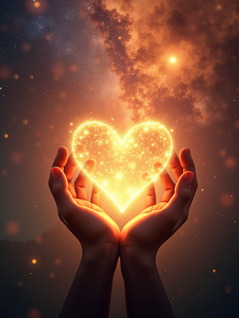 Glowing heart shape cradled in hands against starry background