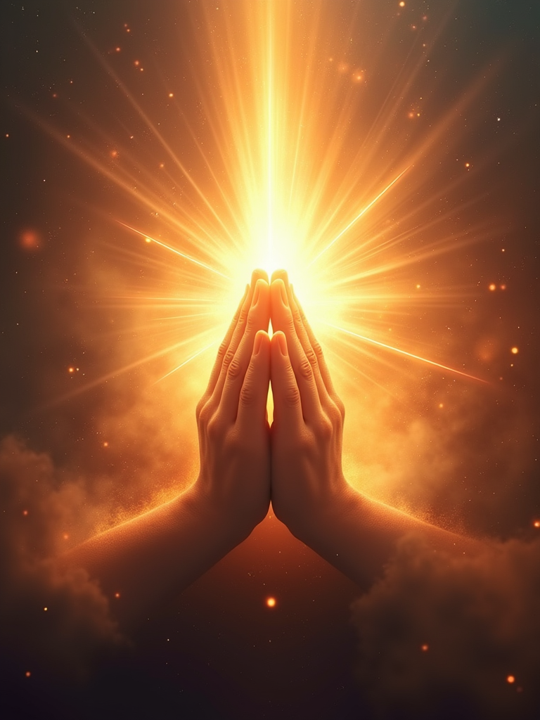 Praying hands radiating golden light