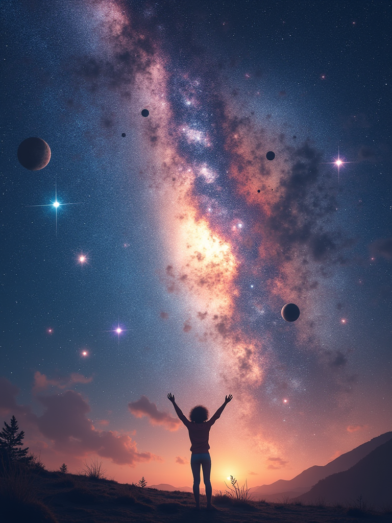 Silhouette with raised arms against cosmic galaxy view with planets