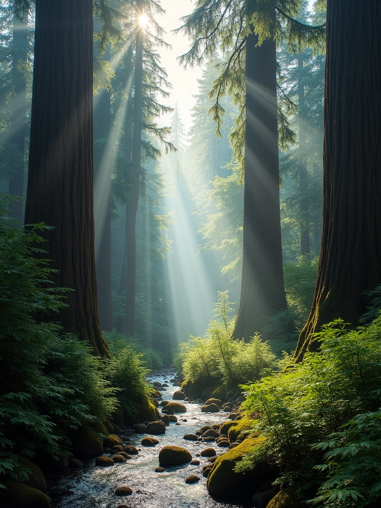 A serene forest scene with sunlight streaming through tall trees and a small stream flowing between moss-covered rocks.