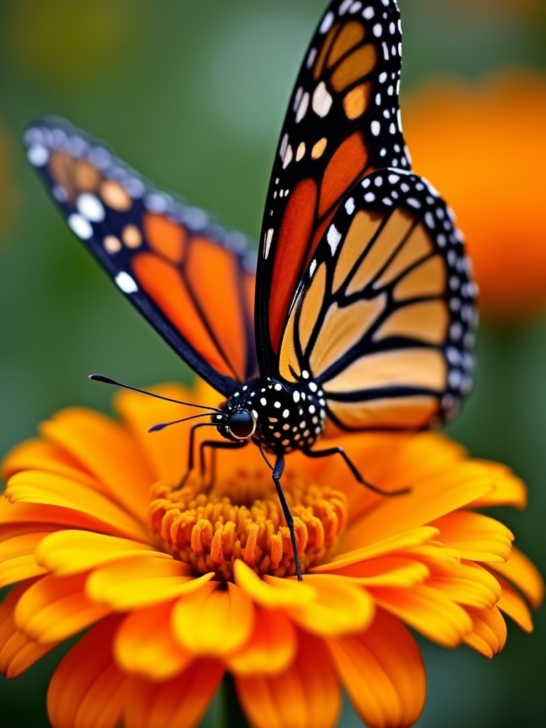 A close-up of a monarch butterfly perched on a vibrant orange flower, with the background softly blurred.