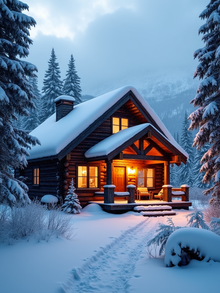 A cozy log cabin surrounded by snow, with warm indoor light glowing through its windows and a snowy pathway leading to the cabin.