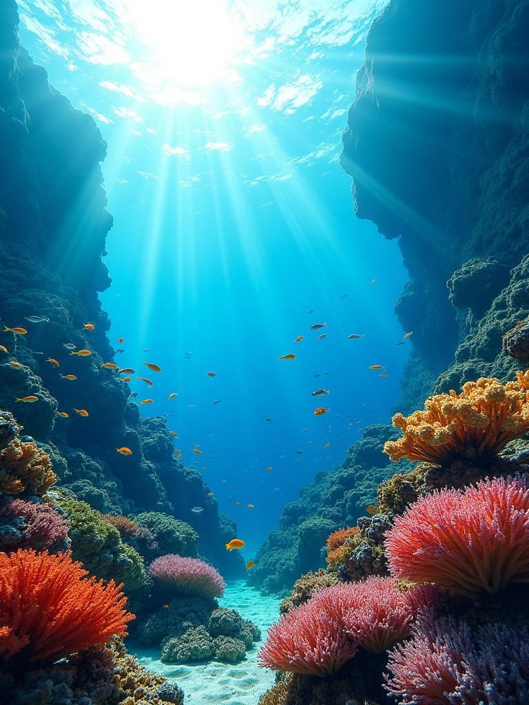 An underwater scene with vibrant coral reefs, colorful fish, and sunlight filtering through the water above.