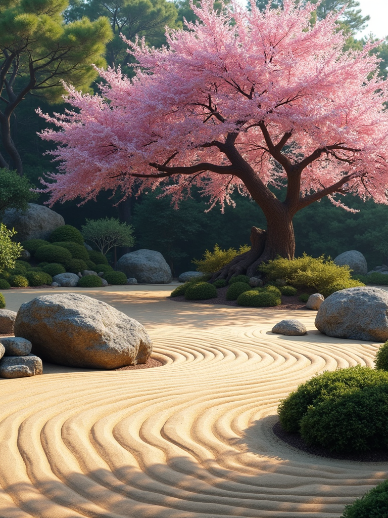 A tranquil Japanese garden featuring a vibrant pink cherry blossom tree, sand with raked patterns, and large rocks.