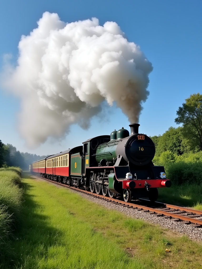 A vintage steam train emitting clouds of white smoke as it travels through a green countryside on a sunny day.