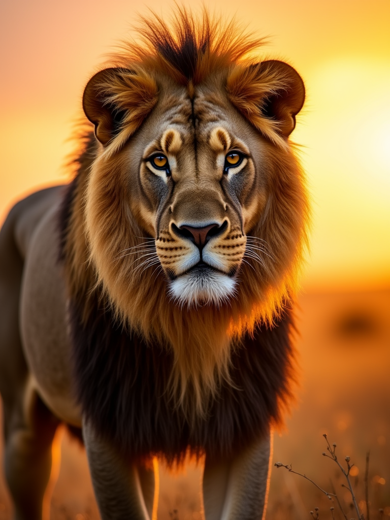 A majestic lion standing in a sunlit savanna, with a golden sunset in the background.