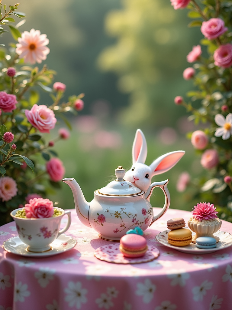 A whimsical tea party setup featuring a floral tea set, macarons, flowers, and a teapot with a rabbit design outdoors.