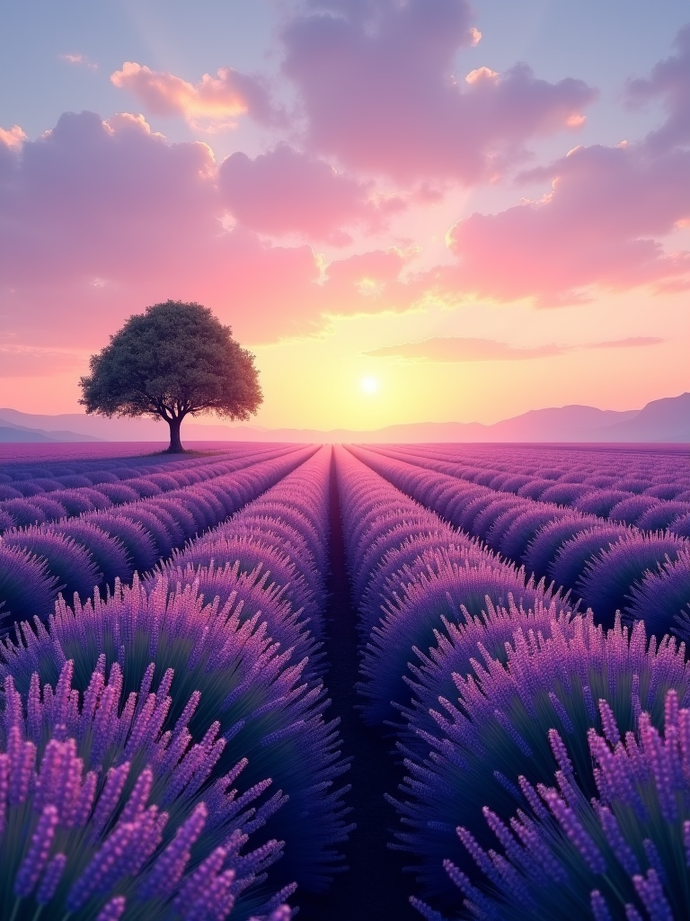 A picturesque lavender field at sunset, with soft pastel hues in the sky and a solitary tree in the distance.