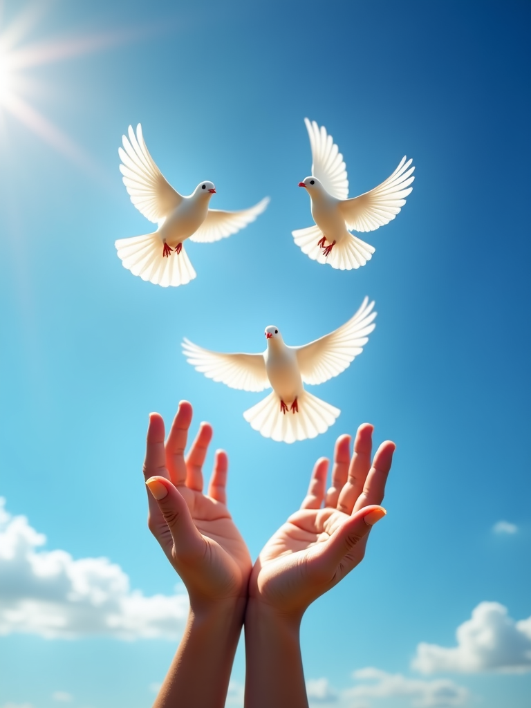 Open hands releasing three white doves into the sky, symbolizing peace and freedom, with a bright blue background and sunlight streaming in.