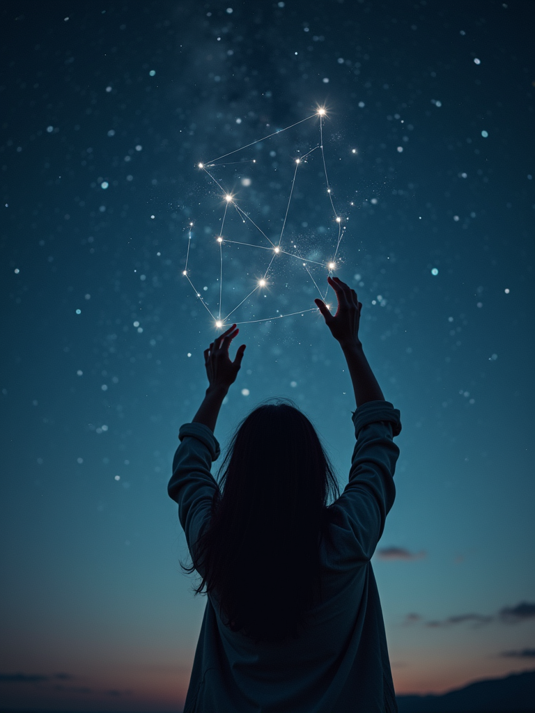 A person reaching up toward a glowing constellation of stars in a clear night sky, creating a sense of wonder and connection with the universe.