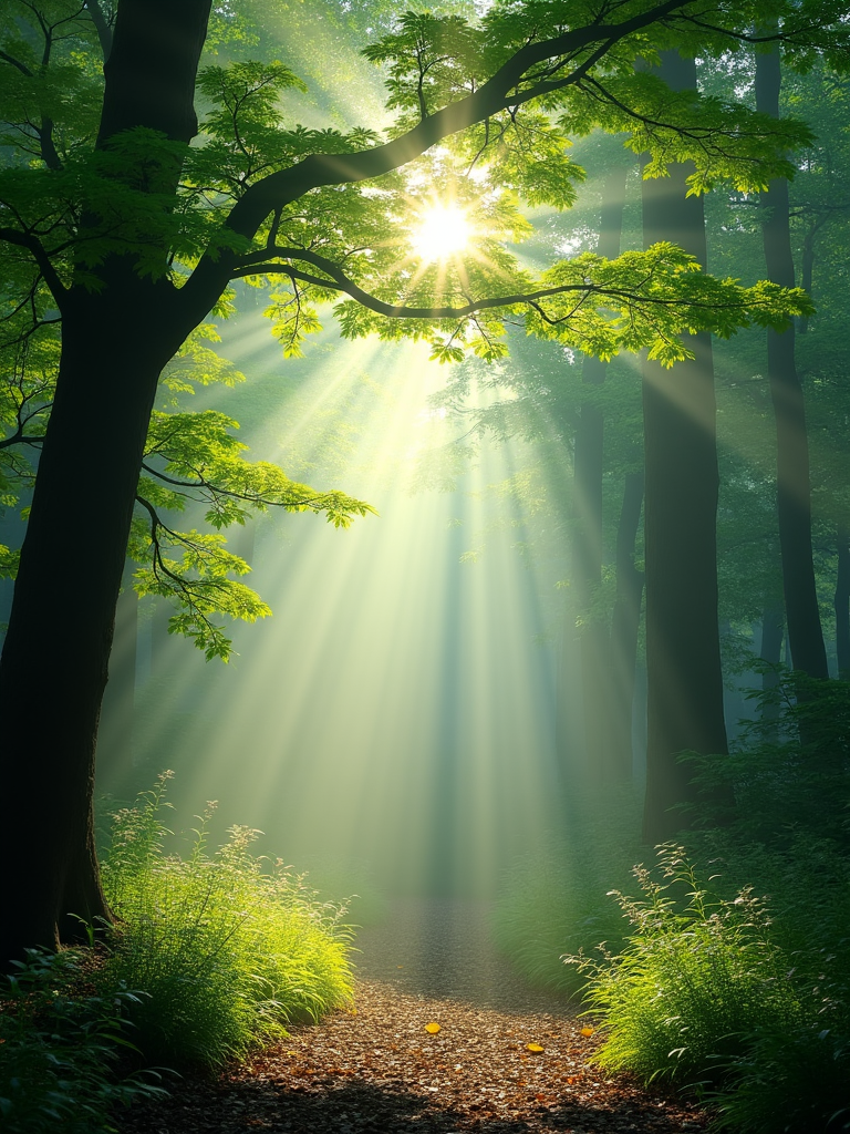 Sunlight streaming through the leaves of a dense forest, casting soft rays on a serene woodland path.