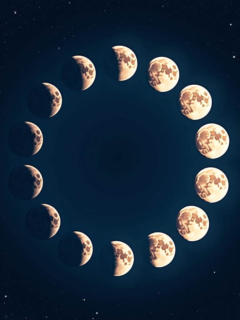 A circular arrangement of the moon phases set against a deep night sky filled with stars.