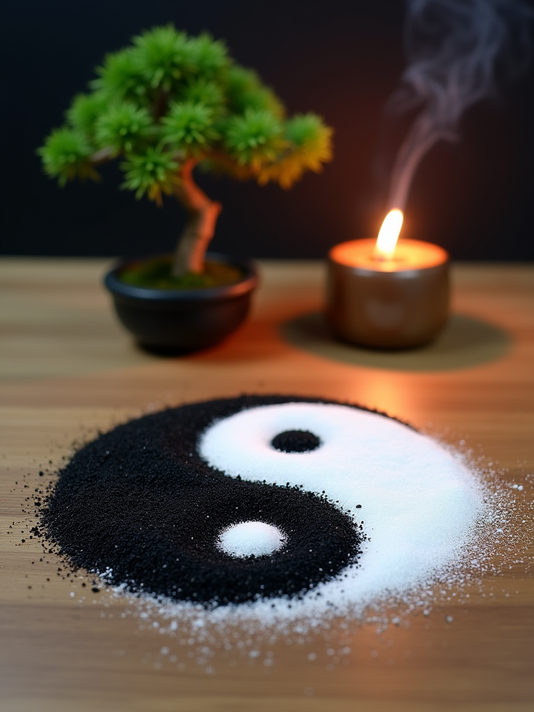 A yin-yang symbol formed from black and white sand, accompanied by a bonsai tree and a lit candle in a peaceful setting.