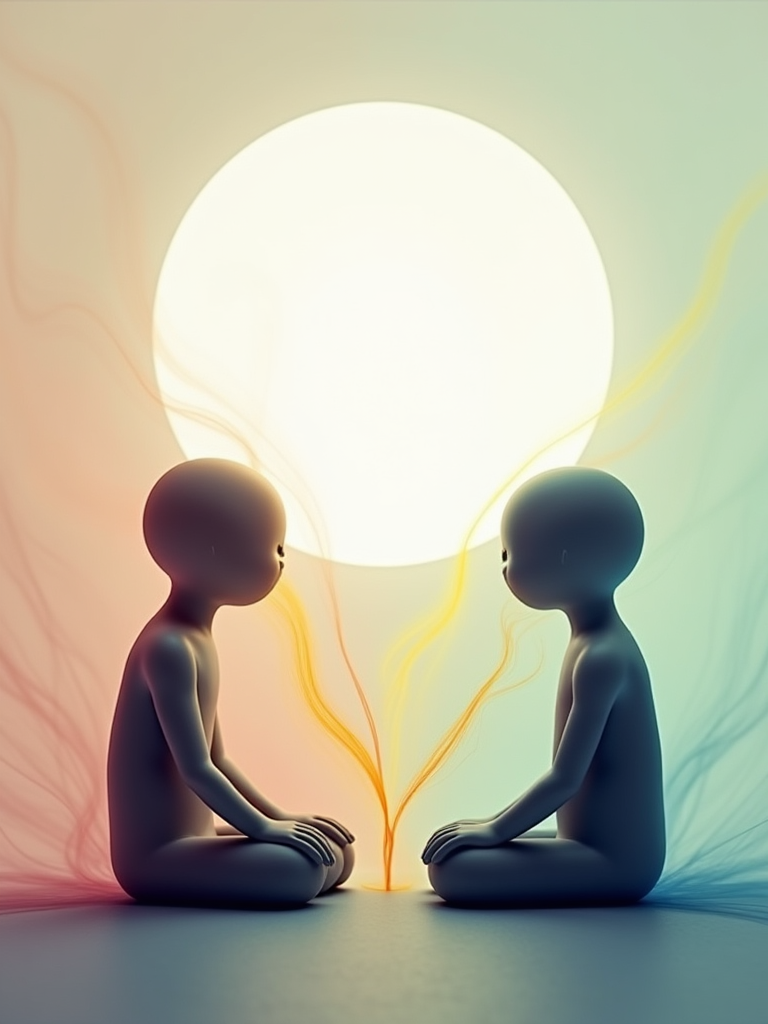 Two abstract, humanoid figures sit across from each other, with colorful energy flowing between them, under a radiant, glowing orb.