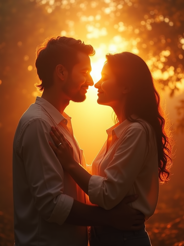 A couple standing closely, smiling affectionately at one another during a golden sunset in the background, symbolizing love and connection.