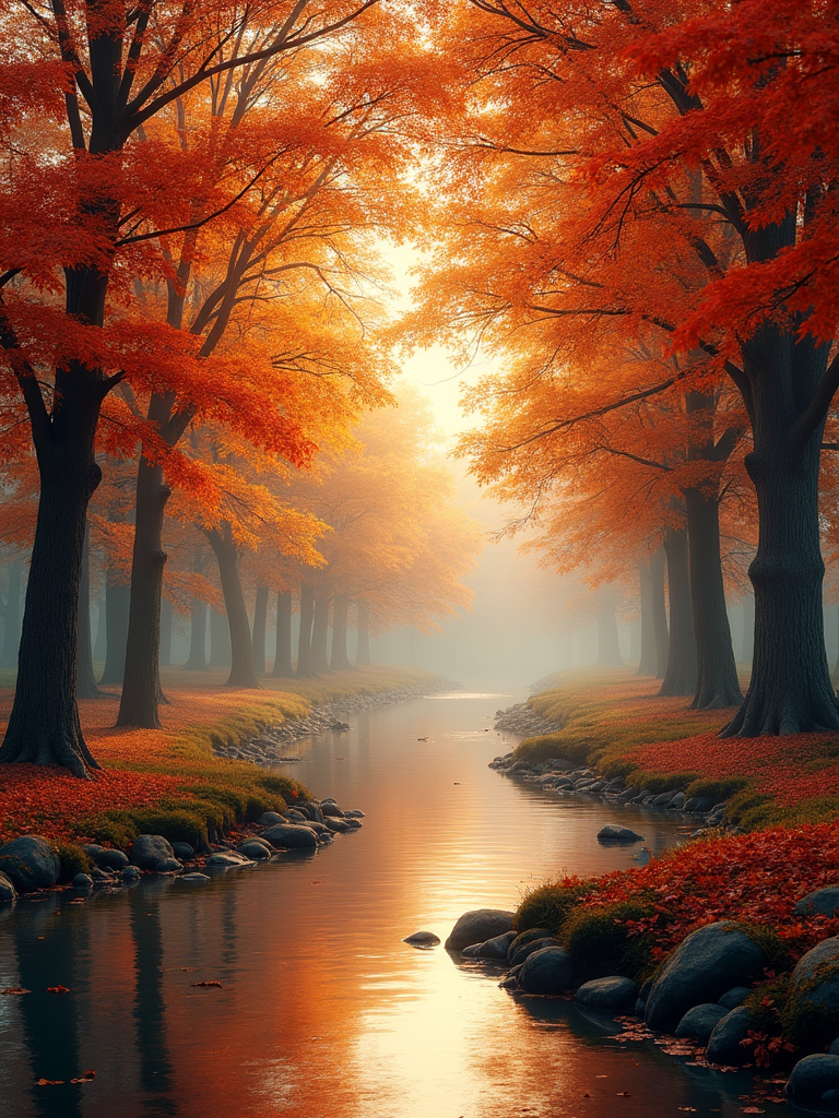 A dreamy autumn scene featuring a quiet river lined with tall trees with vibrant orange leaves casting a golden glow.