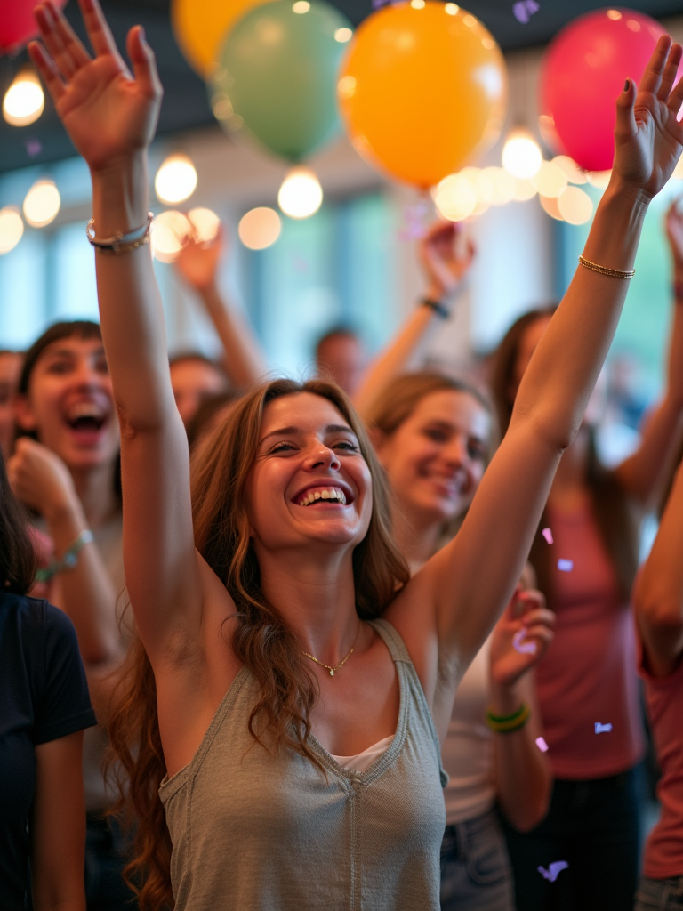 A cheerful woman raises her hands in joy, surrounded by colorful balloons and smiling partygoers under bright lights and confetti.