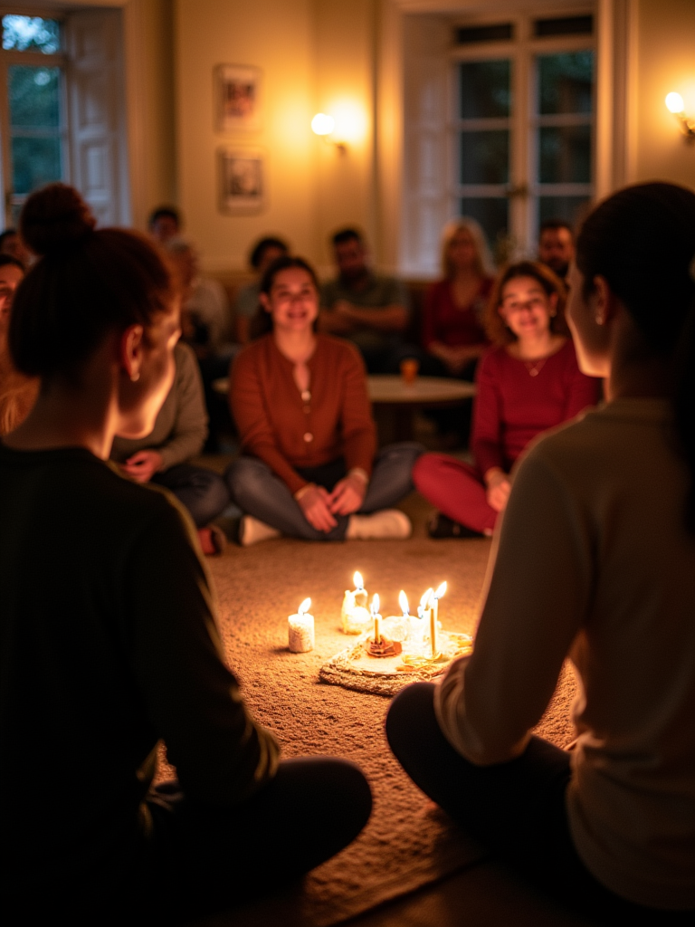 A candlelit gathering where people sit on the floor in a cozy room, sharing a calm and reflective moment.