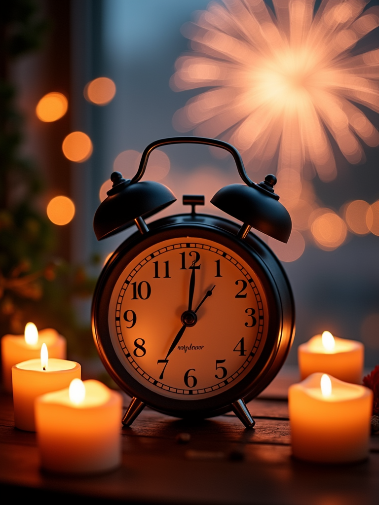 A vintage alarm clock surrounded by soft candlelight counts down to midnight, with glowing fireworks in the winter night sky.