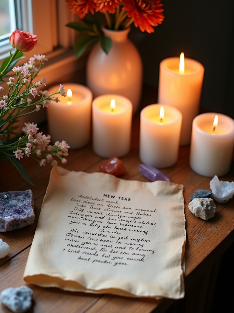 A handwritten "New Year" poem sits on a wooden surface surrounded by glowing candles, flowers, and gemstones in a serene setting.