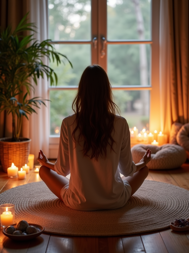 A woman meditates in a peaceful room by the window, surrounded by glowing candles and tranquil decor, with trees visible outside.